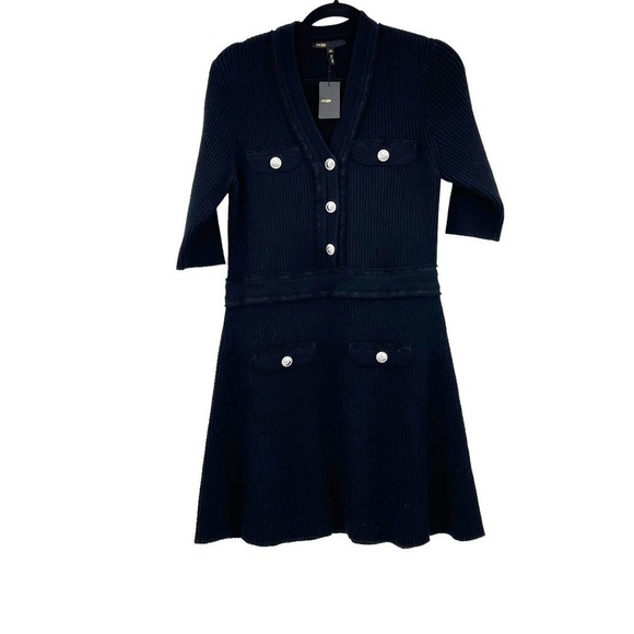 Maje Rimosala Rib-Knit Mini Dress Banded waist Black Size 8 NWT - Picture 2 of 10